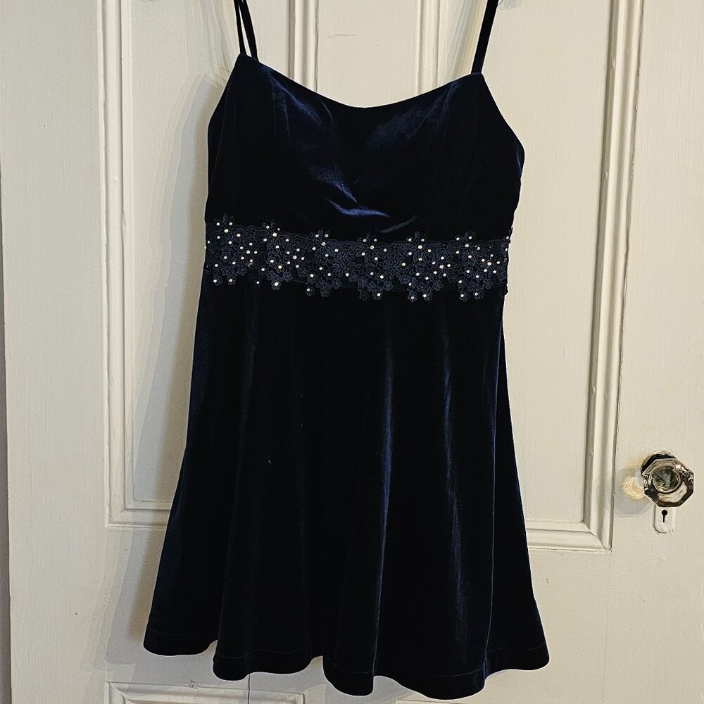 Navy Velvet/Velour Semi-Formal Dress with lace sequin inset - Sz 11 #0007